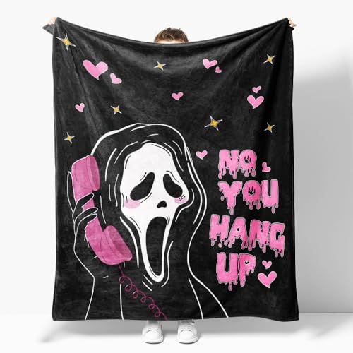 Snylcce No You Hang Up Schwarze Geister Decke 130x150cm Schwarz Rosa Flanell Wohndecke Gruselige Horror Ghost Überwurfdecke Halloween Valentinstag Deko Geschenk für Couch Bett