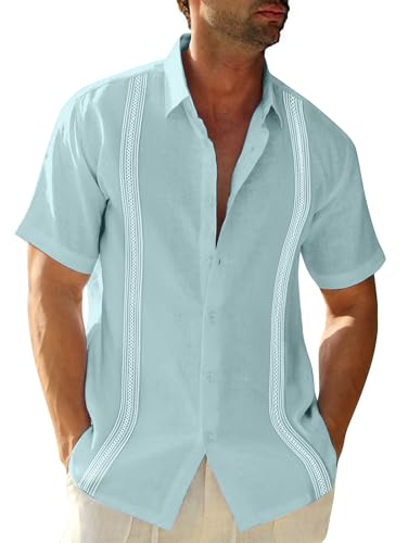 Image of JEKAOYI Mens Casual Linen Cotton Button Down Short Sleeve Shirts Cuban Camp Guayabera Beach Tops