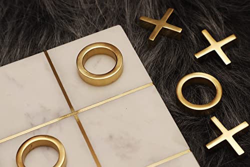 Image of MARBLEOUS Marble Tic Tac Toe Game, Marble Brass Game (with 5 Solid Brass X's O's), Marble Board Game, Board Game for Kids, Marble Game, Coffee Table Decor
