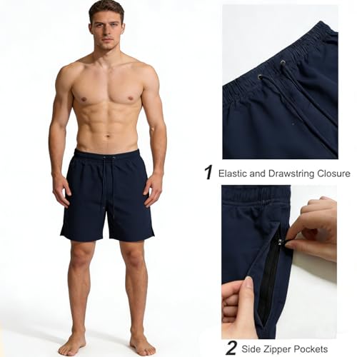 Image of Men's Swim Trunks with Compression Liner, Quick Dry Hawaiian Swimwear Bathing Suit Drawstring Board Shorts