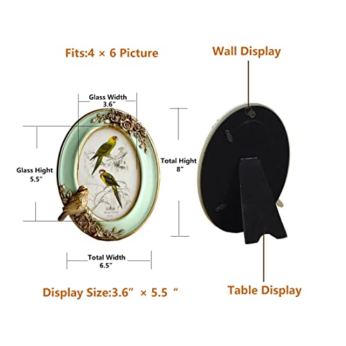 Sikoo Vintage 4X6 Picture Frame Oval Antique Bird Tabletop And Wall Hanging Photo Frame With High Definition Glass Front For Home Decor, Retro Photo Gallery, Old-Fashioned Art (Green2) #TOP1