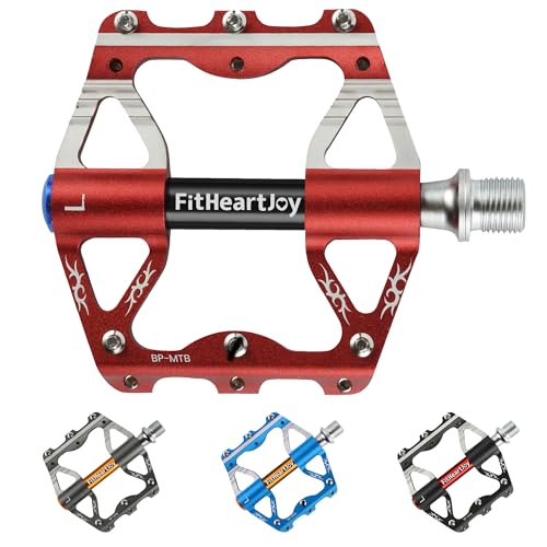 Image of Mountain Bike Pedals, MTB Pedal with 3 Sealed Bearings, 9 /16 inch, CNC Aluminum Flat Bicycle Accessories with Anti-Slip Pins for Mountain Road Bike (Red /Black /Blue /Grey)