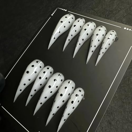 White Polka Dot Press Claw on Nails Long Stiletto Gothic Punk Style Reusable Thick Acrylic Press on Nails Cat Dragon Eagle Claw 