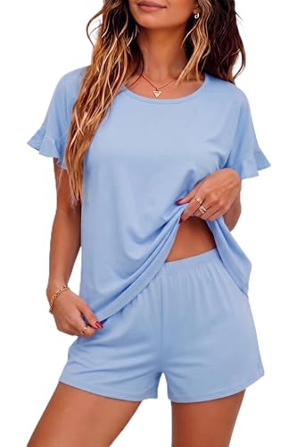 Image of Ekouaer Womens Cotton Pajama Set Ruffle Sleeve Top and Short Soft Sleepwear | Comfy Cotton Loungewear Crewneck Sleepwear with Pockets for mom, wife or grandmother