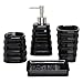 MyGift 4 Piece Ribbed Black Ceramic Bathroom Accessory Set w/Toothbrush Holder, Tumbler, Soap Dish & Dispenser