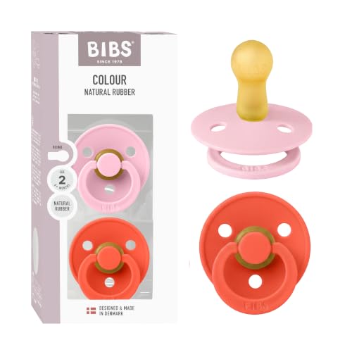 BIBS Colour Pacifier, 6-18 Months, 2-Pack, Round Nipple, Baby Pink/Tango