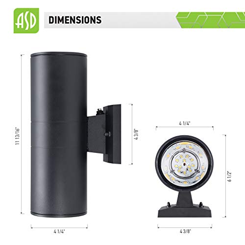 ASD LED Cylinder Up and Down Lights Outdoor with Photocell Dusk to Dawn 18W (120W Eq) 1500Lm 120-277V 3000K-4000K-5000K Adjustable, Black Patio Wall Light Fixture, Wet Rated, ETL & Energy Star,6-Pack