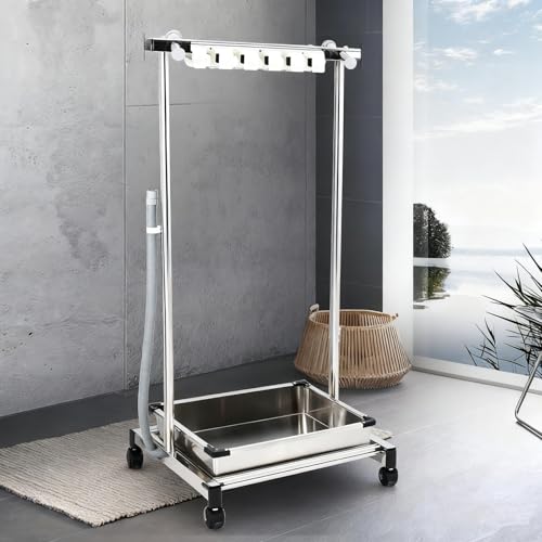 Support à balais, Support à balais Mobile au Sol avec Tuyau d'évacuation, Organiseur d'outils de Jardin à roulettes, Chariot à Outils de Nettoyage sur Pied, Acier Inoxydable(5 Slots/6 Hooks)