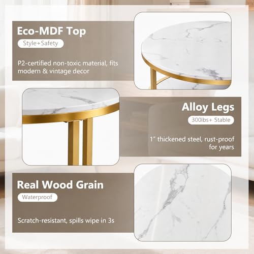 Image of 36 inch Round Gold Coffee Table, 2-Tier Modern White Marble Living Room Center Table with Storage Shelf, Faux Marble Top Cocktail Table, Luxury Circle Tea Table for Contemporary Home Furniture, White