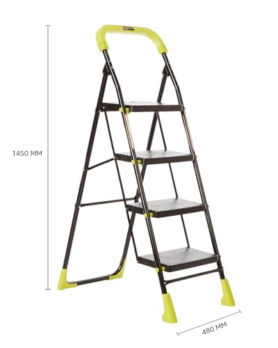 Image of Amazon Basics Dynamo - Foldable Step Ladder, Safety Clutch Lock, Anti Slip Steps, Knee Guard, Anti Skid PVC Shoes, 4 Steps (Steel, Black & Lime Green)
