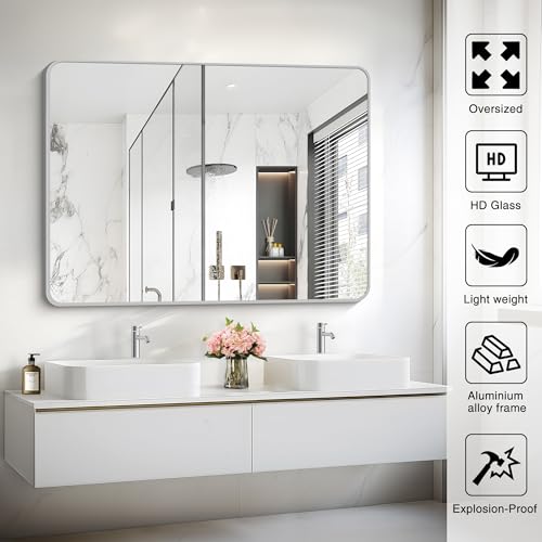 Image of 48x36 Inch Silver Bathroom Mirror, Large Rectangular Vanity Mirror, Metal Framed Rectangle Mirrors, Rounded Corner Wall Mounted Mirrors for Living Room Bedroom Entryway Horizontal or Vertical