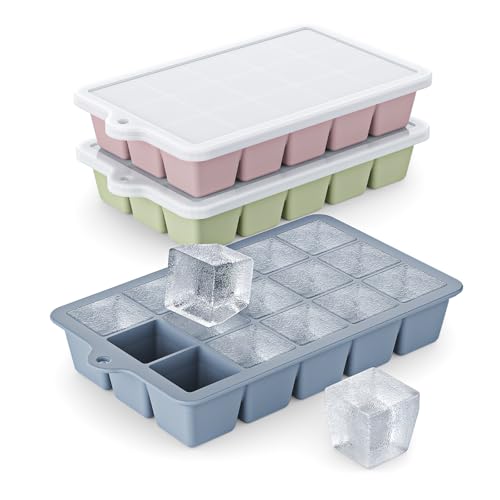Silicone Ice Cube Tray 3 Pack - EASY RELEASE ice cube tray with lid, BPA Free Ice Cubes Trays for Freezer,ice cube mold for Cocktail,Whiskey (Blue+Pink+Green)