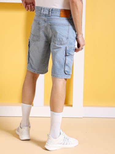 Image of The Indian Garage Co Men Relaxed Fit Solid Mid-Rise Denim Cargo Shorts