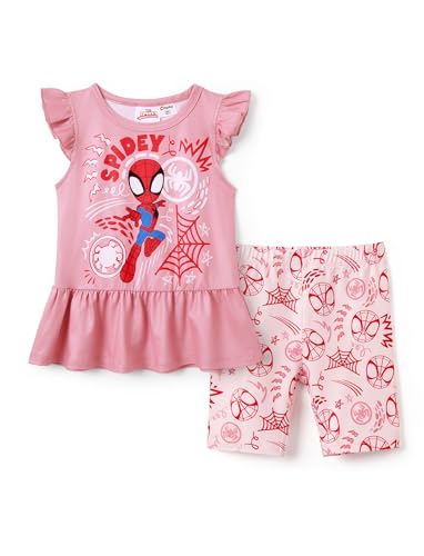 Mavel Spiderman Outfit For Girls Ruffle Sleeve T-Shirt All-Over Print Leggings 2pcs Clothing Set Summer Toddler To Little Kid Costume Dress Up Spidey Clothes Pink 3-4 Years