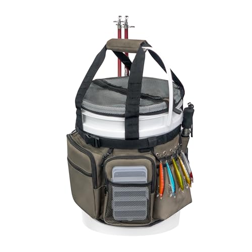 WTVIDAS Fishing Bucket Organizer with Mesh Cover Tackle Bag with Rod & Plier Holder Multi-Pockets for 5 Gallon Bucket Fishing Gear & Accessories