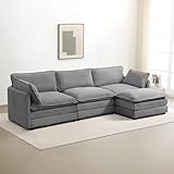 ROWHY 112'' Modular Sectional Cloud Couch with Movable Ottoman, 4 Seat Modern Corduroy Sofa with 2 Throw Pillows, Comfy Deep Seat L Shaped Couches for Living Room Bedroom Apartment, Dark Grey