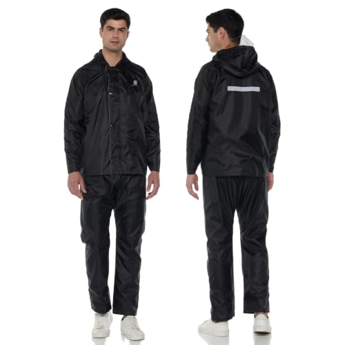 Image of Amazon Brand - Symactive Reversible Raincoat Set with Carry Pouch | Hood Jacket and Pant | Polyester Shell with Heat Sealed PVC Lining | Adjustable Button Cuffs | Plastic Peak Hood | Black, S