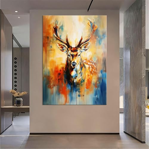 Toile cerf colorée : grand portrait d'animal moderne pour déco murale