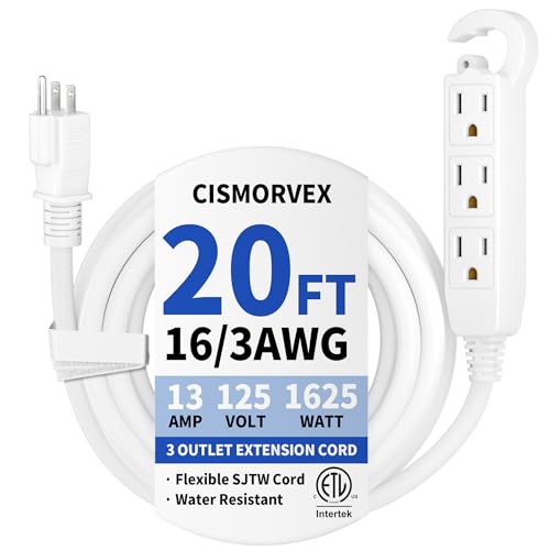 20 Ft 3 Outlet White Extension Cord Grounded Extension Cord with Multiple Outlets 16/3 AWG 3 Prong Power Strip for Indoor Use 13A 125V 1625W ETL Listed White