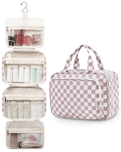 Image of Narwey Large Hanging Toiletry Bag Travel Makeup Bag Cosmetic Organizer for Women and Girls, Z-Dusty Rose Checkerboard, Large