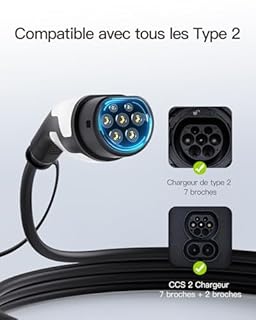 tomons Cable Recharge Voiture Electrique Type 2, 22KW 32A Triphasé 5M, Cable Type 2 Fait avec Modèles S/X/Y/3, ID.3, ID.4, E-Tron, Zoe, Kona, I3, avec CE/TUV