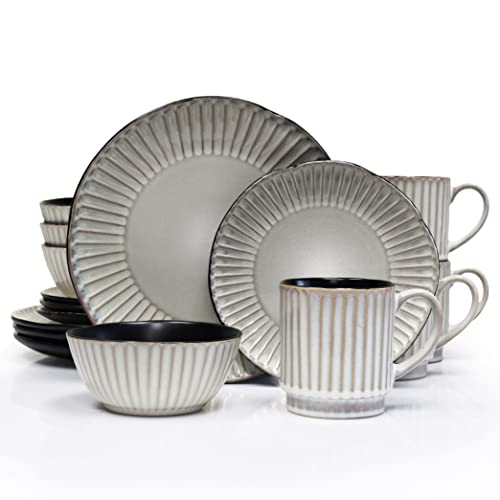 Qoutique, Reactive Glaze Dishes Dinnerware Set, 16 Pieces, Stoneware, Plates And Bowls Sets, Service For 4, Stripe, Microwave Safe, Chip Resistant, For Everyday Casual Kitchen And Formal Dinner #TOP1