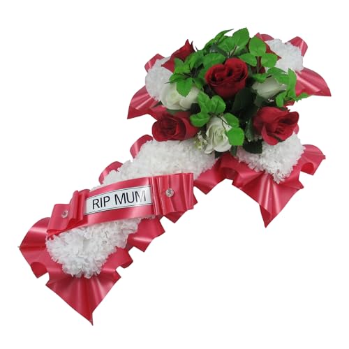 Just Because Silk Flowers Customisable Funeral Tribute Cross in artificial carnations with mixed rosebud spray