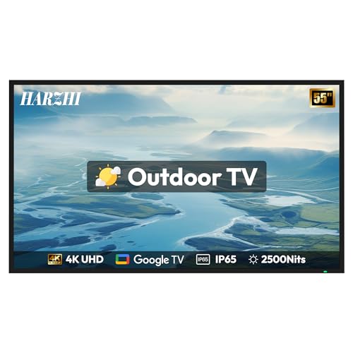 HARZHI 55 inch Outdoor TV, 4K UHD Television for Full Sun, 2500 Nits Ultra High Brightness, IP65 Waterproof Weatherproof, Auto Brightness Control, HDMI Input for TV Box and Gaming Consoles