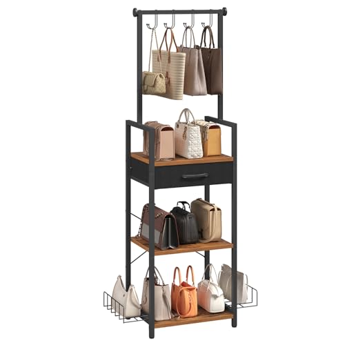 MAHANCRIS 3-Tier Tall Purse Organizer for Closet with Drawer Hooks & Side Baskets Floor-Standing Purse Rack Storage Handbag Organizer Purse Display Shelf Bedroom Entryway Rustic Brown HSHR25201