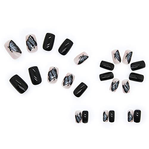 Black Butterfly Press On Nails Medium Coffin Fake Nails 24Pcs Full Cover Glue On Nails False Nails Reusable Glossy Acrylic Stick On Nails Design Artificial Nails For Women Girls Manicure Supplies #TOP2