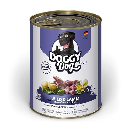 DOGGY Dog Paté Wild & Cordero, 6 x 800 g, Comida húmeda para Perros, sin Cereales, con Aceite de salmón y mejillón de Labios Verdes, pienso Completo con Espinacas y Patatas, Fabricado en Alemania