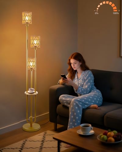 Lightdot Dimmable Boho Floor Lamps with Table, 3-Lights Rattan Floor Lamp 3000K Warmwhite Farmhouse Floor Lamp, Rustic Gold Standing Lamp for Living Room/Sofa Beside/Corner Decor(Bulbs Included