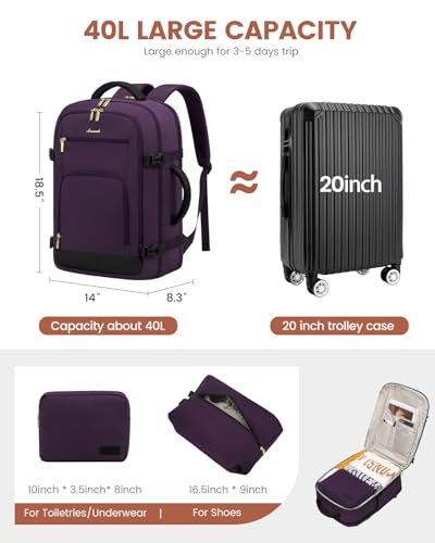 Image of LOVEVOOK Carry On Travel Backpack For Women Flight Approved, 40L Large Personal Item Backpack Travel Bag for Airplanes, Business 17 Inch Laptop Backpack, Weekender Overnight Daypack, With 2 Cubes