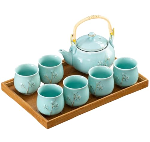 Aoasious 茶器セット 8点セット 和風クラシック磁器 ティーポット 急須 土瓶 茶こし付き 湯呑み 茶托 茶碗 翡翠磁器の梅の花柄 おしゃれ ギフト 茶道 自宅用 来客用 日本茶 (青磁梅)