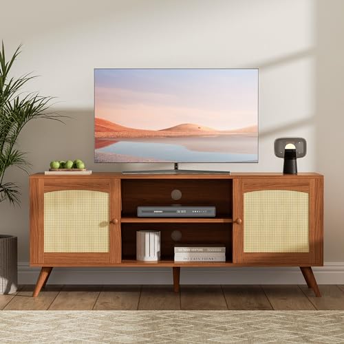 image for DIYART Brown Rattan TV Stand for 60 Inch TV, Wooden Mid Century Modern