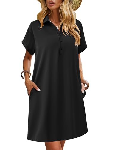 Image of HOTOUCH Black Dress for Women Short Sleeve Button Down Summer Beach Shift Dress Casual Loose Fit Cover Up Sundress Black XL
