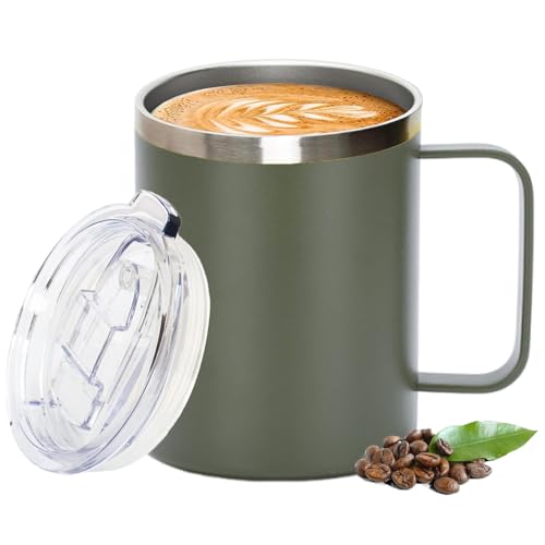 Thermal Mug Insulated Coffee Mug with Handle and Sliding & Straw Lid Leakproof Reusable Double Walled Vacuum Stainless Steel Travel Camping Cafe Tumbler Cup Dishwasher Safe (Army Green 12 oz)