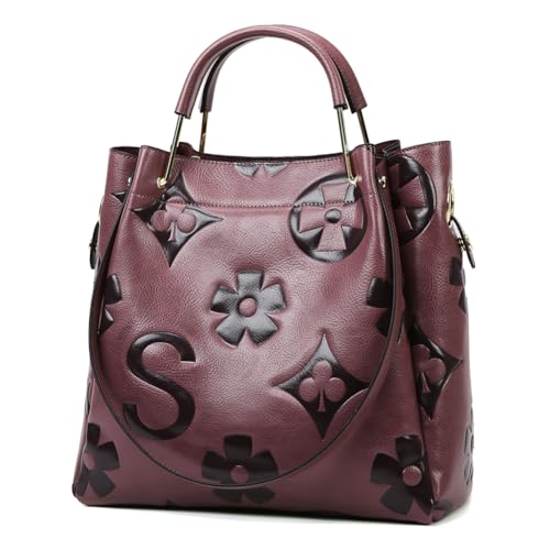 Image of Women's Top Handle Handbags Leather Tote Bag for Women Trendy Bucket Bag Floral Embossed Shoulder Satchel Purses