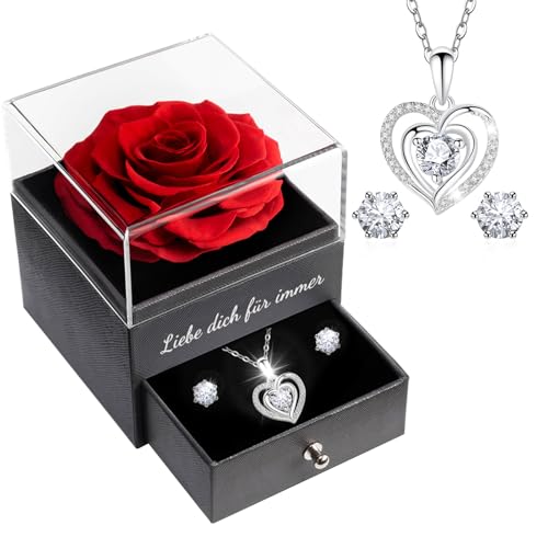 Sunia Geschenke für Sie zum Valentinstag, Ewige Echte Rose mit Herz Halskette und Ohrringe aus 925 Sterlingsilber, Ewige Rose mit Kette Geschenke für Frauen Mama Frau Freundin Geburtstag Valentinstag