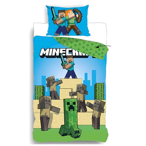 Parure de Lit Minecraft, Housse de Couette Réversible 140x200 cm, Taie d'oreiller 65x65 cm (Parure Housse de Couette Minecraft)
