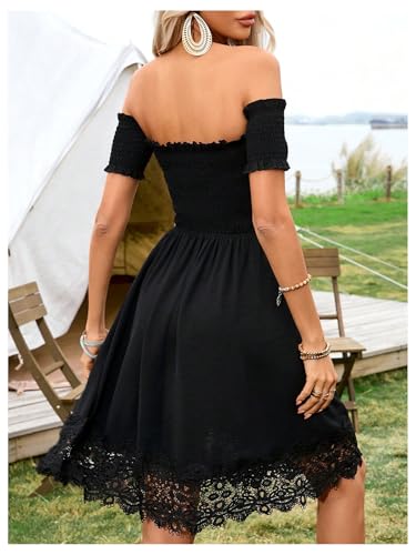 SOLY HUX Women's Summer Off The Shoulder Lace Shirred Flowy Short Dress Music Festival Vacation Outfits3