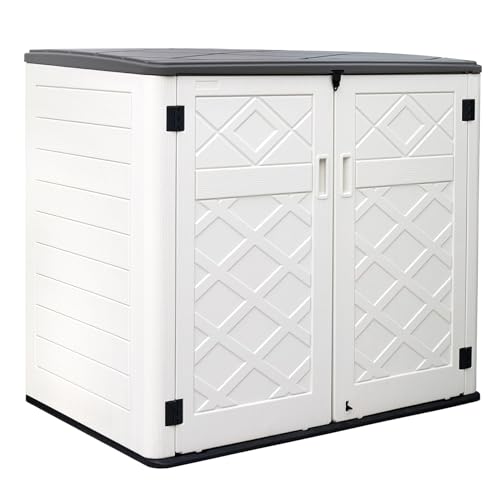 Image of ZZM Large Outdoor Storage Shed, 48 Cu Ft Resin Versatile Storage Cabinet for Patio Accessories, Trash Cans & Garden Tools, Durable Horizontal Storage Box with Lockable Lid (White)