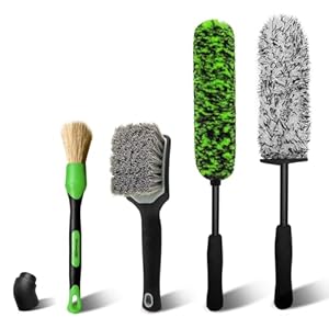 YeewayVeh 4 Pack Wheel Brush Kit, Long Handle Microfiber Car Wheel Brush and Bendable Rim Cleaner Brush, Soft Tire Brush and Detailing Brush for Car Wheel Rim Cleaning Brush Kit, Green