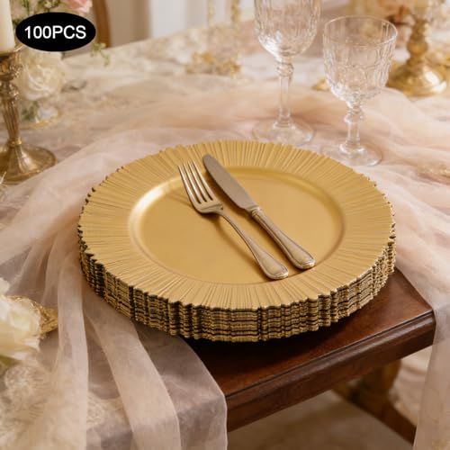 100 Platos Cargadores Plásticos Dorados 13in miniatura 6