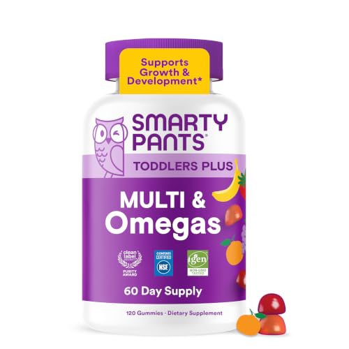Image of SmartyPants Toddler Plus Multi & Omegas Multivitamin Gummies, Omega 3 DHA /EPA, Vitamins D3, C, B12, B6, A, K, Zinc, Biotin, Gluten Free, Clean Label, Low Sugar, 3 Flavors, 120 Gummies (60 Day Supply)