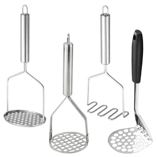 4PCS Potato Mashers, Potato Masher with 4 Style, Potato Mashers Stainless Steel, Potatoes Mashers with Firm Grip Potatoes Masher for Potatoes Vegetables Berries Fruits Avocado