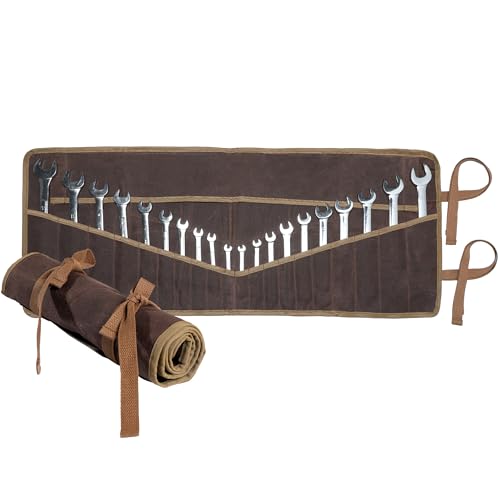 Wrench roll with 20+4 Tool Pockets, Sustainable 16OZ Waxed Canvas Tool Pouch for Metric & SAE, Multi-Purpose Wrench Set Storage Pouch - Brown