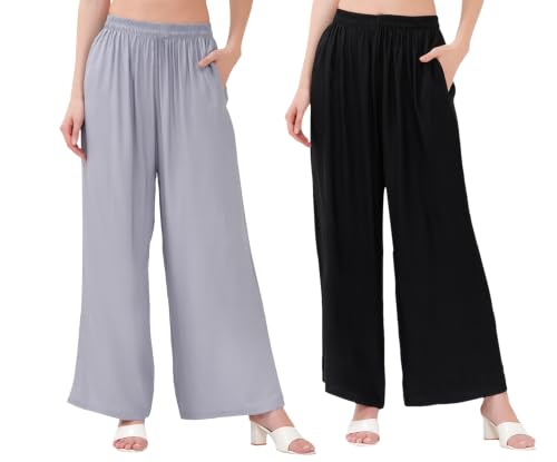 Image of Buy That Trendz Palazzo Pants for Women Rayon Elasticated Regular Fit Flared Wide Leg M to 6XL Pack of 2