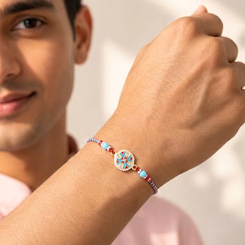 Image of Peora Rakhshabandhan Thread Rakhi for Brother Bhaiya | Crystals & Kundan Studded | Combo, Set of 3 | Rakhi Hamper with Roli Chawal & Greeting Card