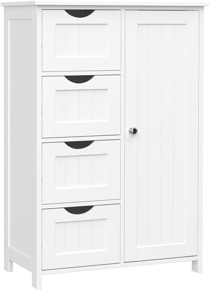 VASAGLE Bathroom Floor Storage Wooden Storage Unit with 4 Drawers, Single Door